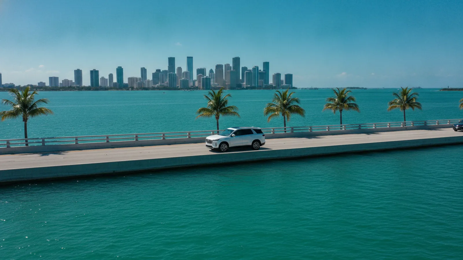 Mid-size SUV rental on a sunny Miami causeway — Car Rental Miami 24